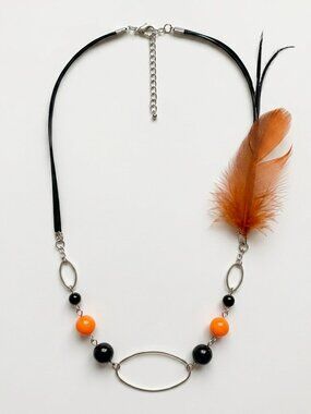 CREATION - Short necklace - ruban feather & beads orange black